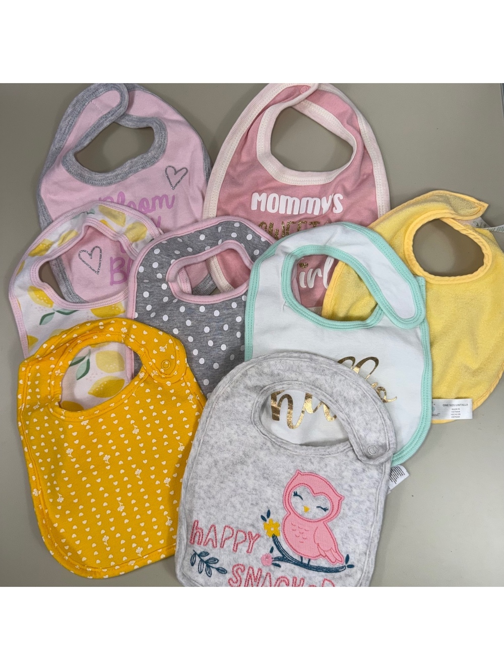Baby Girl Bib Lot 8 Pack Pink Yellow Owl Lemon